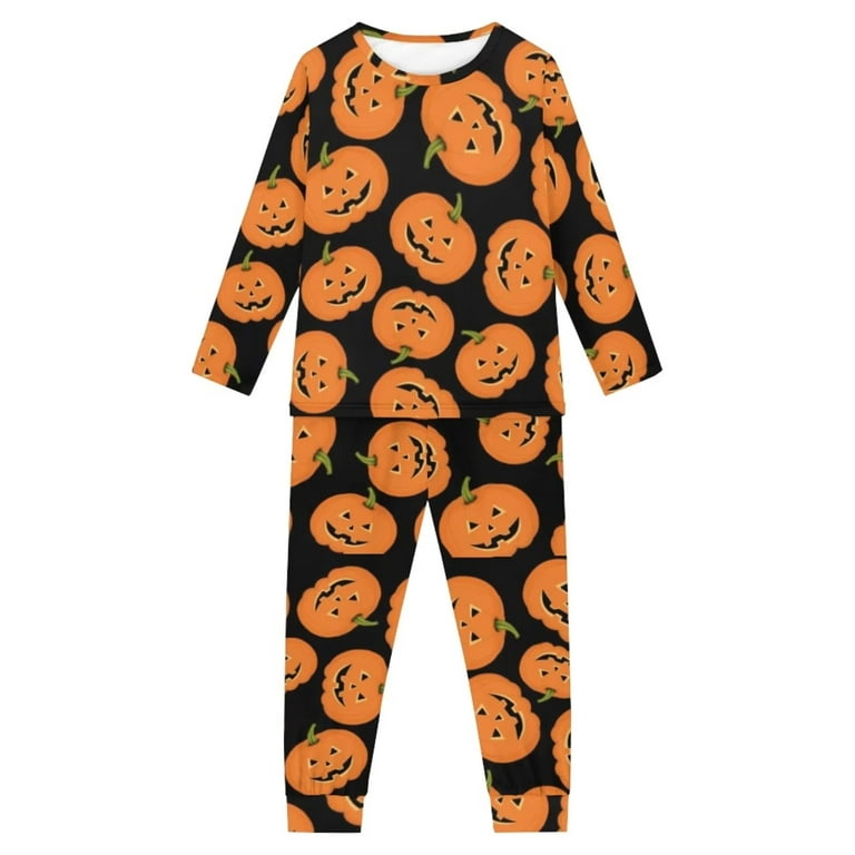 Renewold Fashion Pajamas for Girls Halloween Pumpkins Pjs Top and Pants  2pcs,Teen Boys 3-4Y Comfortable Round Neck Lounge Matching Set Cozy Up  Thermal