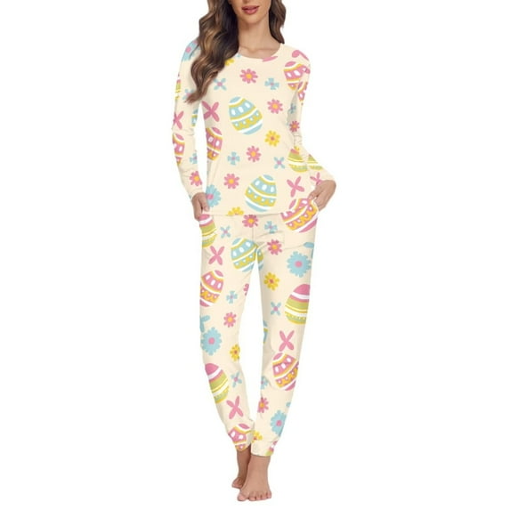Renewold Fashion Pajamas for Women Set Easter Egg Flower Nightwear Pjs Size XS Winter Fall Indoor Daily Wear Warm Crew Neck Tracksuit 2PCS Comfort Loungewear