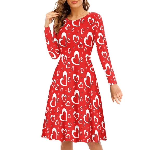 Renewold Fashion Red Long Sleeve Dresses for Women Formal Valentine's Day T-Shirt Dress Size L Hearts Party Going Out Vacation Midi Dress Comfy Stretchy Twirl Dress