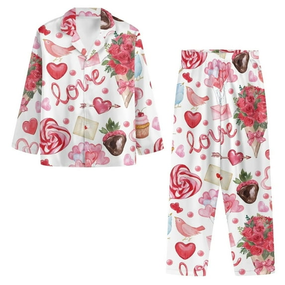 Renewold Fashion Soft Button Pajama for Valentine's Day Gifts Roses Hearts Women Sleep Jogger Nightwear Clothing Size XL 2 Packs Warmth Pjs Sweatsuit Sweatpants Set with Pockets