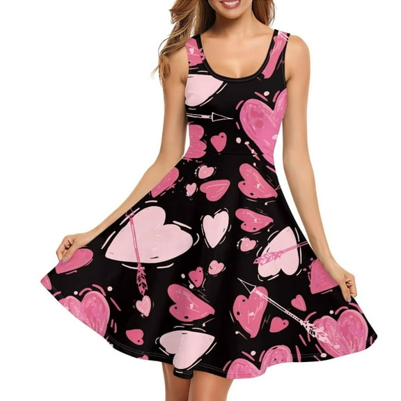 Renewold Fashion Summer Tank Dresses for Women Size 3XL Pink Hearts Beach Party Mini Sundress with Pockets Casual Sleeveless Swing Twirl Dress, Valentine's Day