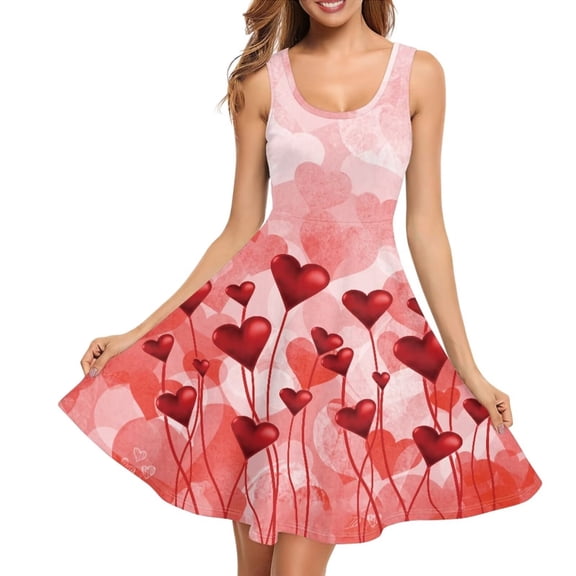 Renewold Fashion Tank Dresses for Women Girls Red Heart A-Line Swing Flared Casual Party Dress Size XL Valentine's Day Sleeveless Round Neck Midi Dress