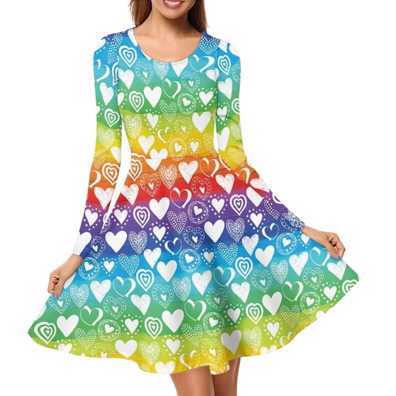 Renewold Fashion Women Dresses for Special Occasions Novelty Valentine's Day Sundress Birthday Gifts Rainbow Stripes Hearts Long Sleeve Pleated Midi Dress Size S