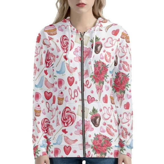 Renewold Fashion Women Hoodie with Kangaroo Pockets Valentine's Day Gift Casual Zippered Sweatshirt Jacket Size 2XL Rose Candy Round Neck Long Sleeve Gym Sportwear