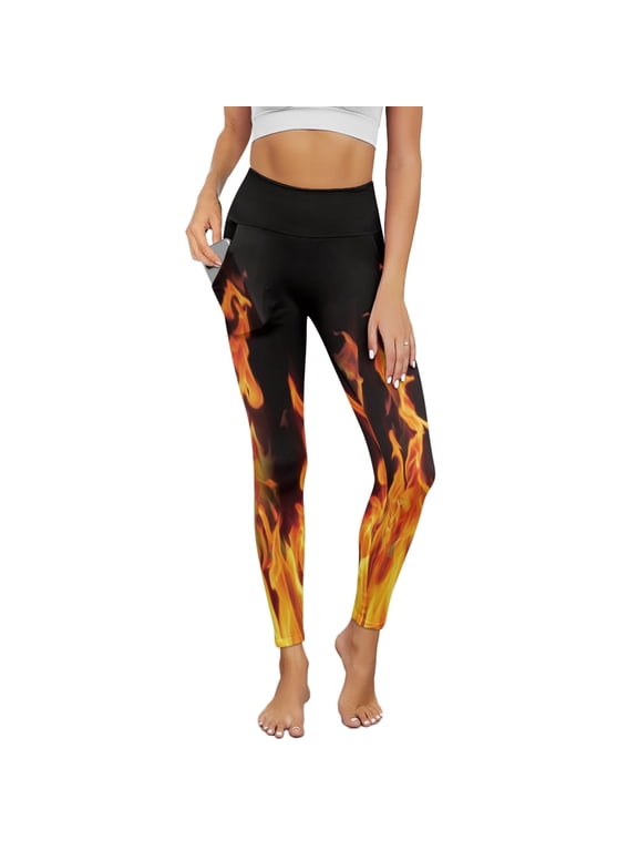 Flame Fire Yoga Pants for Women with Pockets Full Length Workout Leggings High Waisted Tummy Control Lounge Pants Activewear Fashion Womens Leggings, XL