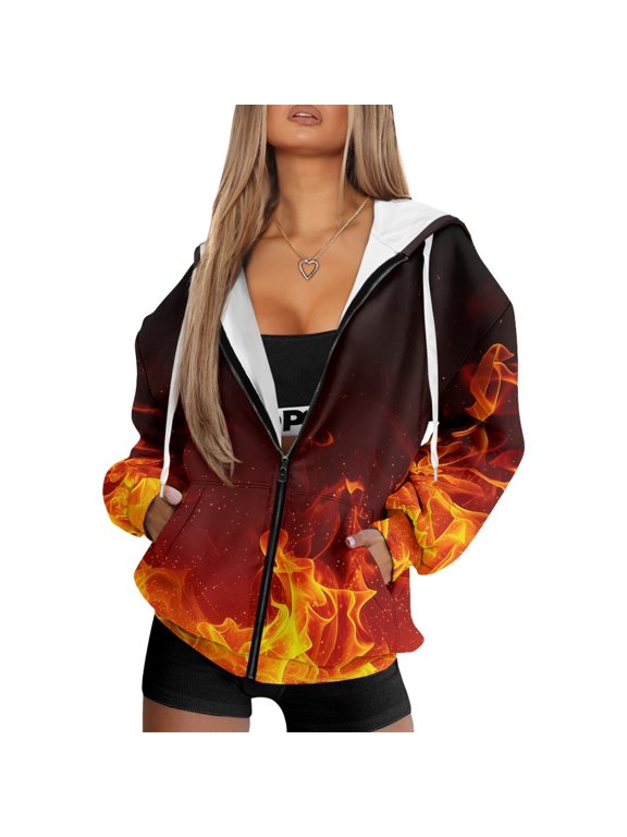Flame Orange Womens Fleece Hoodies Oversized Zip Up Hooded Sweatshirts Long Sleeve Fleece Jackets Hooded Cardigan Fall Clothes Pullover Hoodie for Women Ladies, 4XL