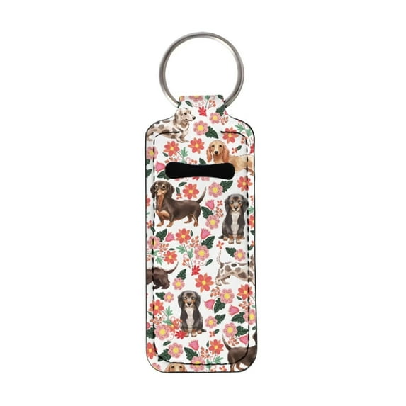 Renewold Floral Dachshund Dog Chapstick Holder Keychain Novelty Chapstick Pocket Keychain Bag Accessories for Women Portable Lipstick Sleeve Pouch
