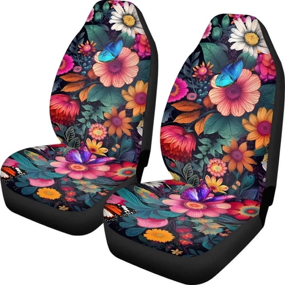 Renewold Flower Butterfly Car Seat Cover 2 Packs Auto Interior Seat Cover Full Set for Vans SUVs Trucks Sedans Dirt-Resistant Car Interior Accessories Bench Seat Cover