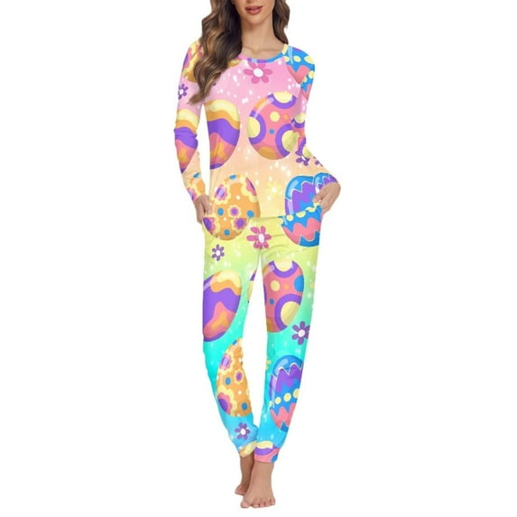 Renewold Flower Easter Egg Pajama for Women Fashion Long Sleeve Pajamas Loose Fitting Winter Athletic Clothing 2 Pieces Warm Sleep Loungewear Set Size M