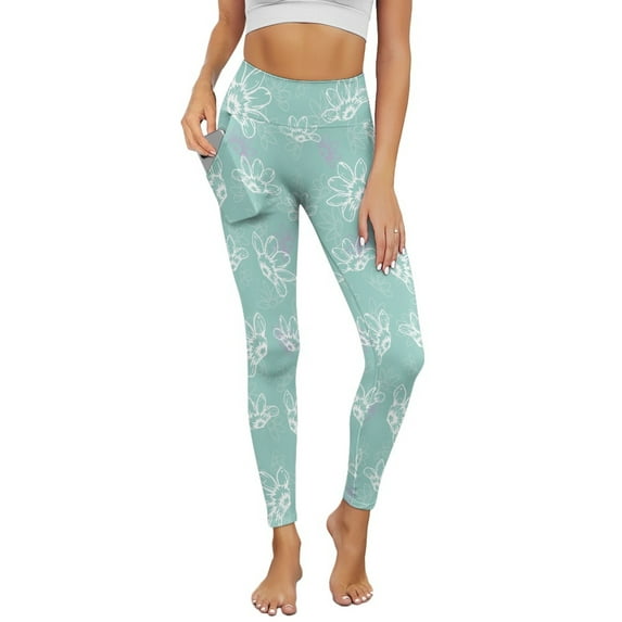 Renewold Flower Mint Green Violet Yoga Leggings for Women with Pockets Stretchy Fashion Exercise Yoga Pants High Waisted Full Length Graphic Pants for Running Cycling Yoga, S