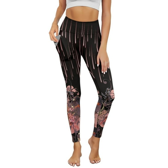 Renewold Flower Pink Black Pockets Yoga Leggings for Women Athletic Yoga Pants High Waist Scrunch Butt Lifting Printed Ankle Pants Casual Leggings 4 Way Stretch, XL