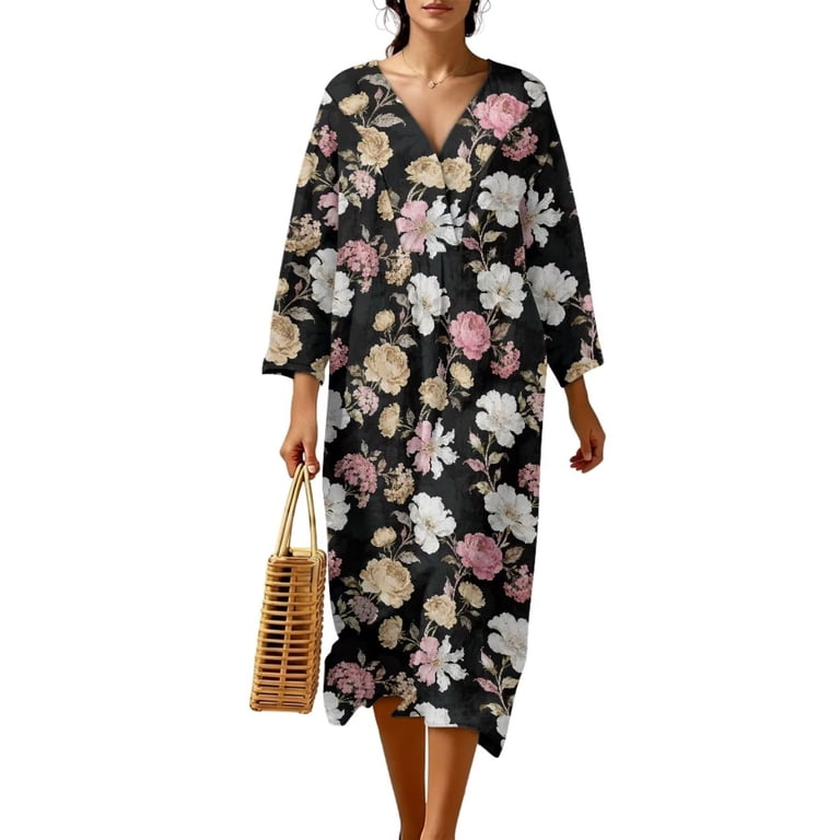 old lady summer dresses Renewold Flower Print Women Dress for Vacation Travel Plus Size Midi Dress Lightweight Soft Floral Tunic Linen-Look Polyester Elegant alicent hightower outfits
