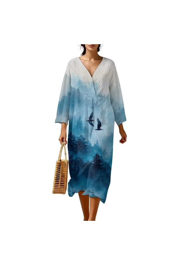 Forest Bird Ink Painting Print Tunic Dresses for Women Long Sleeve Loose Swing Trendy Women Summer Dress Lightweight Oriental Oversized Dresses for Travel Vacation, Blue, 3XL