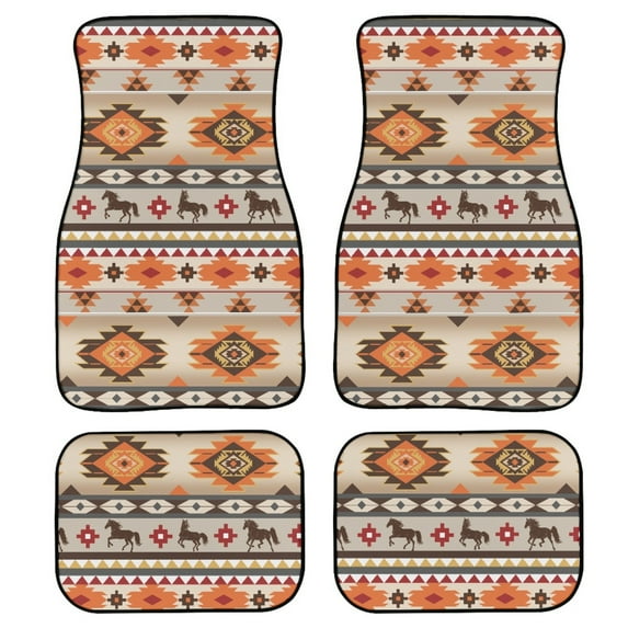Renewold Front and Rear Car Floor Mats 4 Pieces Auto Carpet All Weather Protection Non-Slip Rubber Backing Universal Fit for Car Truck Sedan SUV, Southwest American Tribal Horse Orange