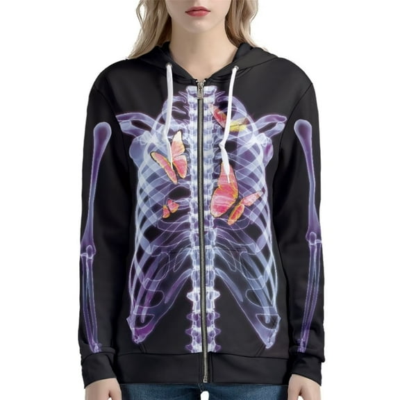 Renewold Full Zip Hoodie Jacket Clothes for Women Halloween Skull Butterfly Outdoor Sport Outfits Sweatshirt Y2K Cozy Sportswear Shirt Streetwear Size XS