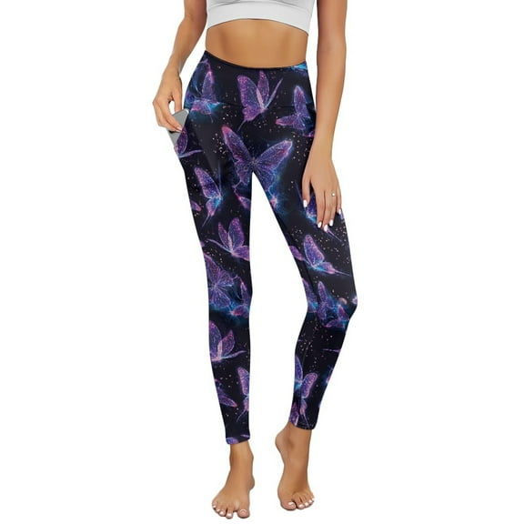 Renewold Galaxy Butterfly Leggings with Pockets for Women Workout Tights Compression Leggings High Waisted Butt Lifting Printed Leggings Full Length Womens Leggings, M