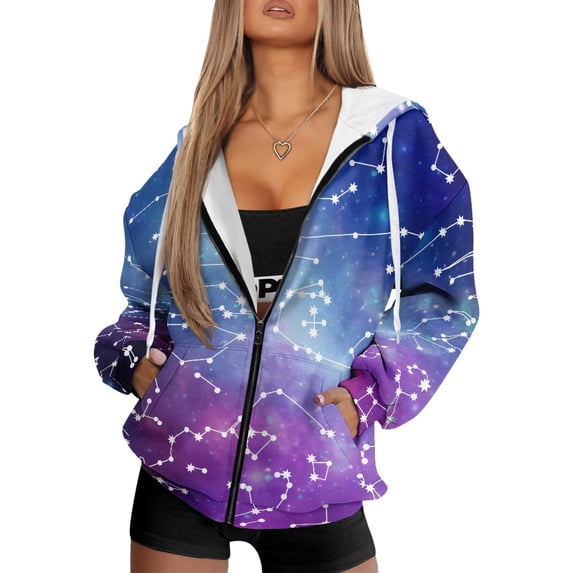 Renewold Galaxy Violet Blue Womens Hoodies Sweater Hooded Tops Oversized Sweatshirts Long Sleeve Drop Shoulder Jackets Pullover Tops Sweatshirts Fashion Streetwear Outfits for Athletic, XS