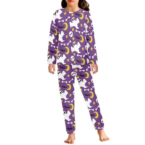 Renewold Ghosts Stars Purple Pajamas for Girls Boys Soft Long Sleeve Lounge Wear 2 Pieces Casual Halloween Crew Neck Nightwear Indoor Relaxe Outfits Soft Sleepwear Set,Size 7-8