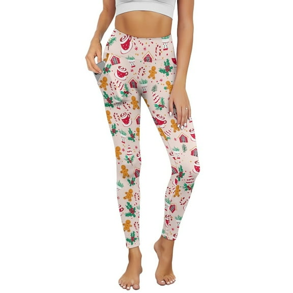 Renewold Gingerbread Man Coffee Pink Pockets Yoga Leggings for Women Athletic Yoga Pants High Waist Scrunch Butt Lifting Printed Ankle Pants Casual Leggings 4 Way Stretch, XL