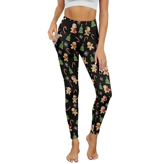 Renewold Gingerbread Man Tree Candy Cane Yoga Pants with Pockets for Women Full Length Lounge Leggings High Waist Tummy Control Running Pants Activewear Stylish Womens Leggings, XS