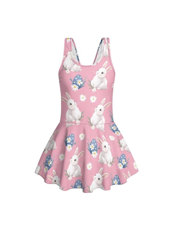 Girl Bathing Suit 1 Piece for Easter Stretch Breathable Swimsuit Skirted Comfortable U Neck Swim Dress for Beach Pool Vacation Girls Swim Dresses Size 10-11, Pink Easter Bunny Egg Flower