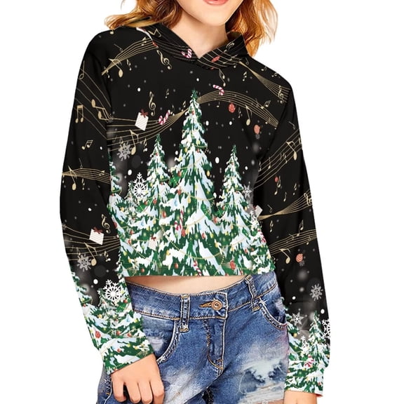 Renewold Girls Crop Hoodies Size 13-14 Happy Christmas Trees Sweatshirt Preppy Pullover Tops Stylish Candy Canes Activewear Fall Clothing for Party Date Club
