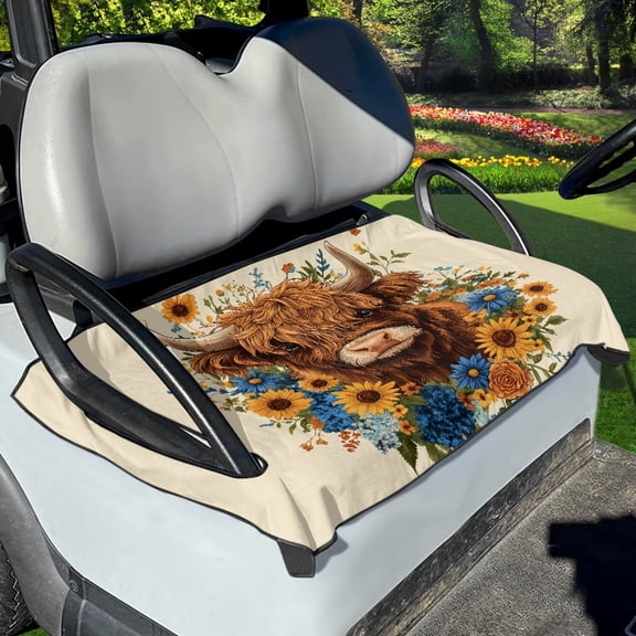 Renewold Golf Cart Seat Cover Comfort Golf Cart Seat Towel Blanket Fits for 2/4 Person Seats Golf Cart for All Weather, Highland Cow Sunflower Beige