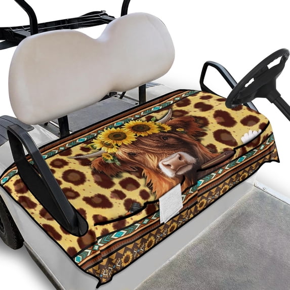Renewold Golf Cart Seat Cover Comfortable Golf Cart Seat Towel Blanket with Front Pockets Suitable for 2 Person Club Car Seats, 52 x 32 Inches, American Tribal Highland Cow Sunflower Leopard Print