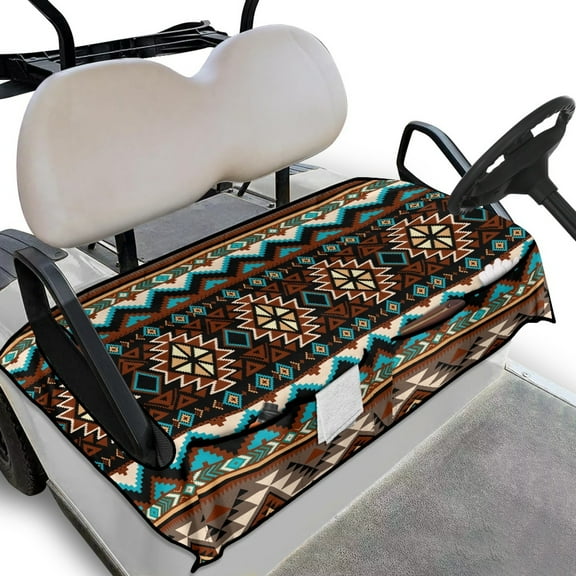 Renewold Golf Cart Seat Cover with Front Pockets Lightweight Breathable Golf Cart Accessories Keeps Seat Cool and Clean Fits for Most 2 Person Club Car, American Tribal Brown Blue