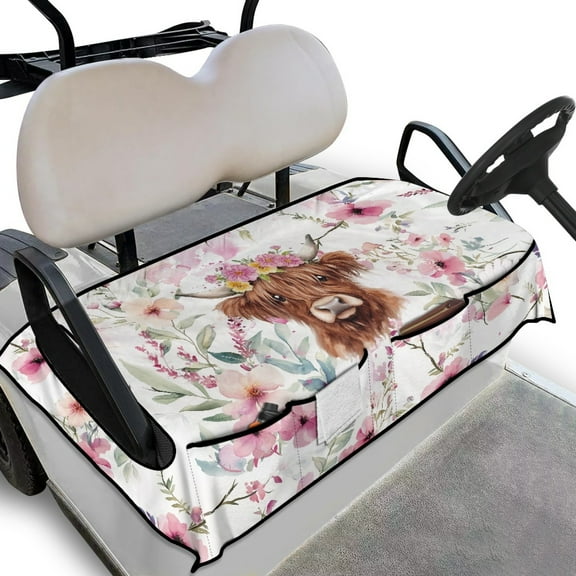 Renewold Golf Cart Seat Cover with Front Pockets Soft Quick Dry Golf Cart Towel Blanket Accessories for Summer Universal Fit for Most 2-Seats Club Car, Highland Cow Floral Pink