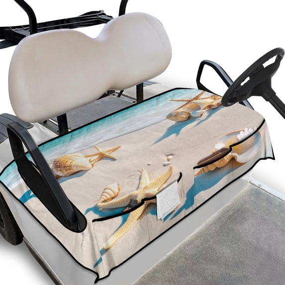 Renewold Golf Cart Seat Cover with Front Pockets Universal Soft Golf Cart Blanket Keeps Cool and Clean Fits for All 2-Seat Club Car, 52 x 32 Inch, Beach Seashell Starfish Conch