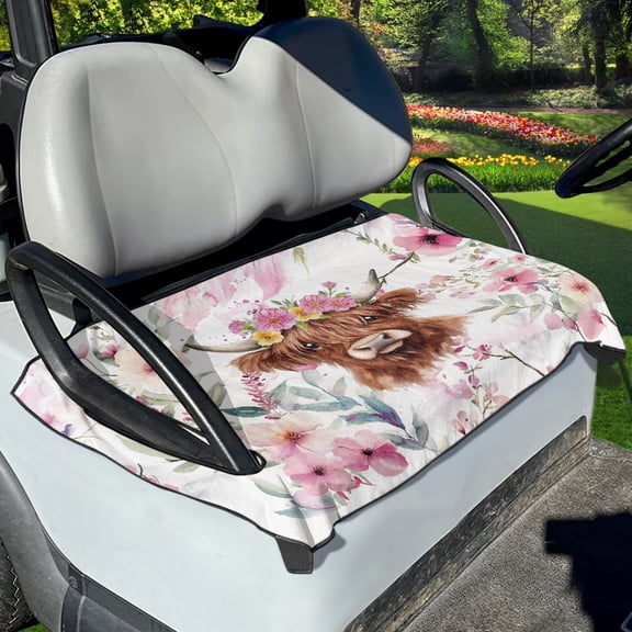 Renewold Golf Cart Seat Cover Lightweight Golf Blanket Accessories Universal Fit for EZGO Yamaha Club Cars and More 2-Seat Golf Cart, Highland Cow Flower Pink