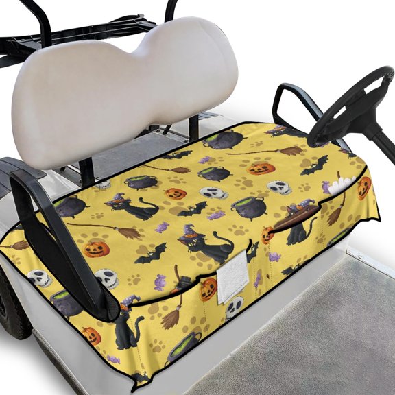 Renewold Golf Cart Seat Cover with Pockets Portable Quick Dry Golf Cart Seat Blanket Machine Washable Suitable for 2 Person Club Car, 52" x 32", Halloween Cat Bat Skull Paw Yellow
