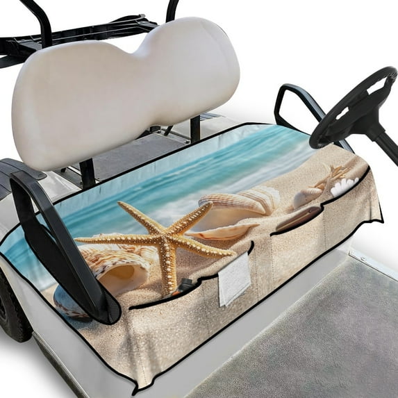 Renewold Golf Cart Seat Cover with Pockets Soft Breathable Quick Dry Golf Cart Towel Blanket Fits for EZGO Yamaha Club Cars and More 2 Person Seats, Beach Starfish Seashell Blue