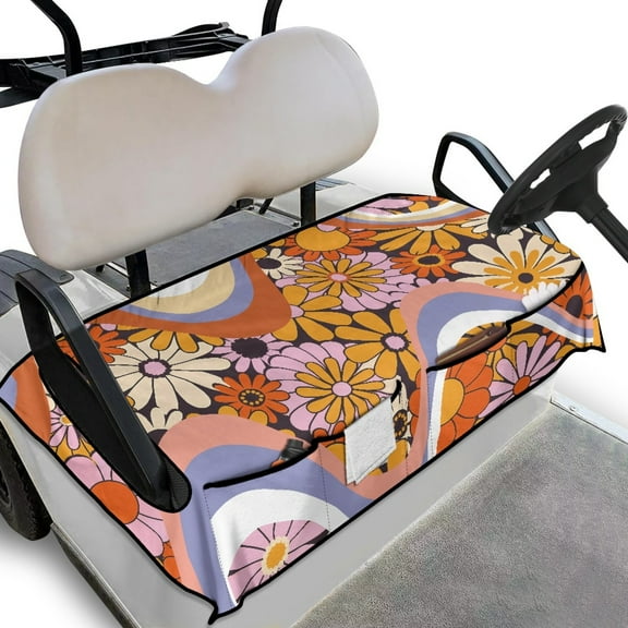 Renewold Golf Cart Seat Cover with Pockets Soft Breathable Quick Dry Golf Cart Towel Blanket Fits for EZGO Yamaha Club Cars and More 2 Person Seats, Hippie Flower Daisy Orange