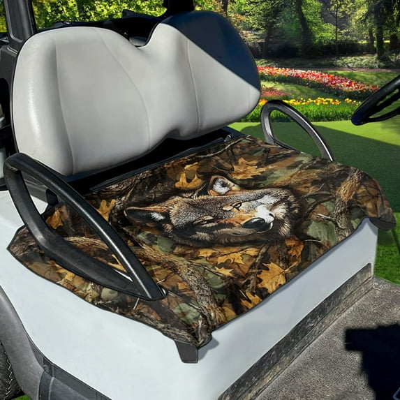 Renewold Golf Cart Seat Cover Portable Golf Cart Seat Blanket Easy to Install Suitable for 2/4 Person Seats Club Car Golf Cart, Wolf Camo Hunting Forest