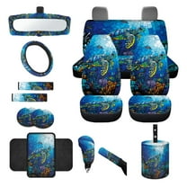 Renewold Gothic Sea Turtle Blue 14 PCS Car Seat Cover Set, with Steering Wheel Seat Belt Rear View Mirror Handbrake Cover Set Waste Bin Center Console Pad Coasters Auto Decoration