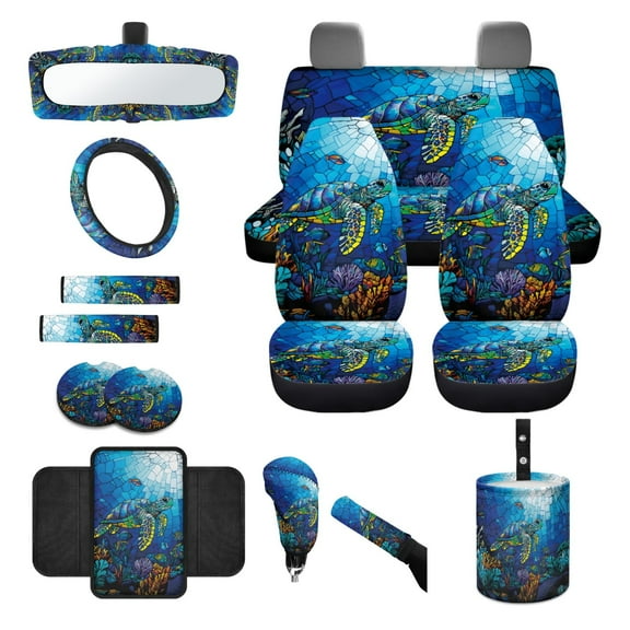 Renewold Gothic Sea Turtle Blue 14 PCS Car Seat Cover Set, with Steering Wheel Seat Belt Rear View Mirror Handbrake Cover Set Waste Bin Center Console Pad Coasters Auto Decoration