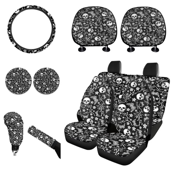 Renewold Gothic Skull Butterfly Floral Car Seat Cover Full Set Auto Accessories for Front Rear Seats, with Steering Wheel Cover Coasters Handbrake Cover Gear Shift Knob Cover Headrest Cover, 11 PCS