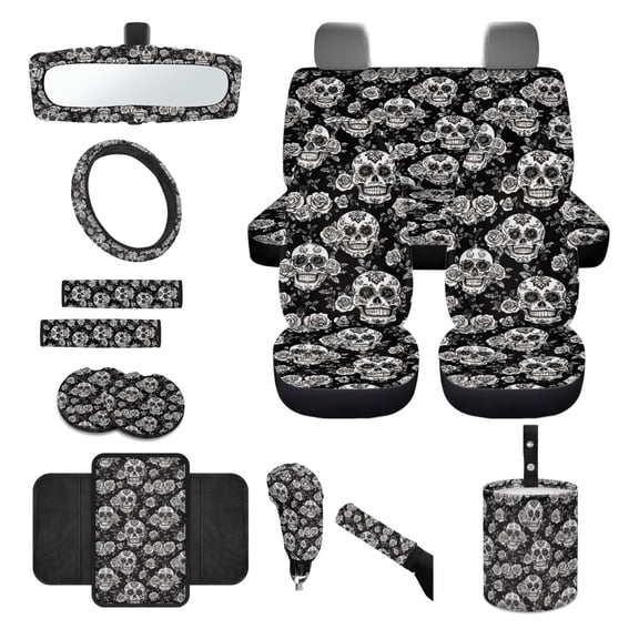 Renewold Gothic Skull Rose Black 14 PCS Car Seat Covers Set, with Steering Wheel Seat Belt Pads Garbage Bag Armrest Handbrake Cover Set Rear View Mirror Protector Coasters Halloween Auto Decor