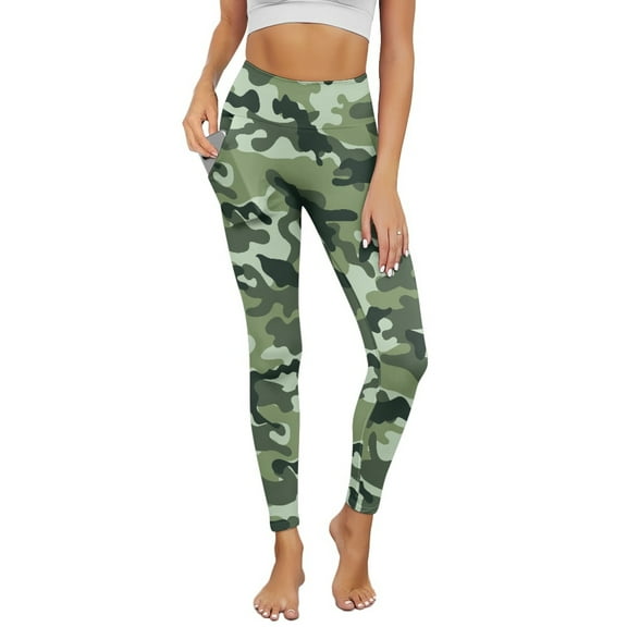 Renewold Green Camo Yoga Pants for Women with Pockets Full Length Workout Yoga Pants High Waisted Tummy Control Athletic Pants Activewear Casual Leggings, 3XL