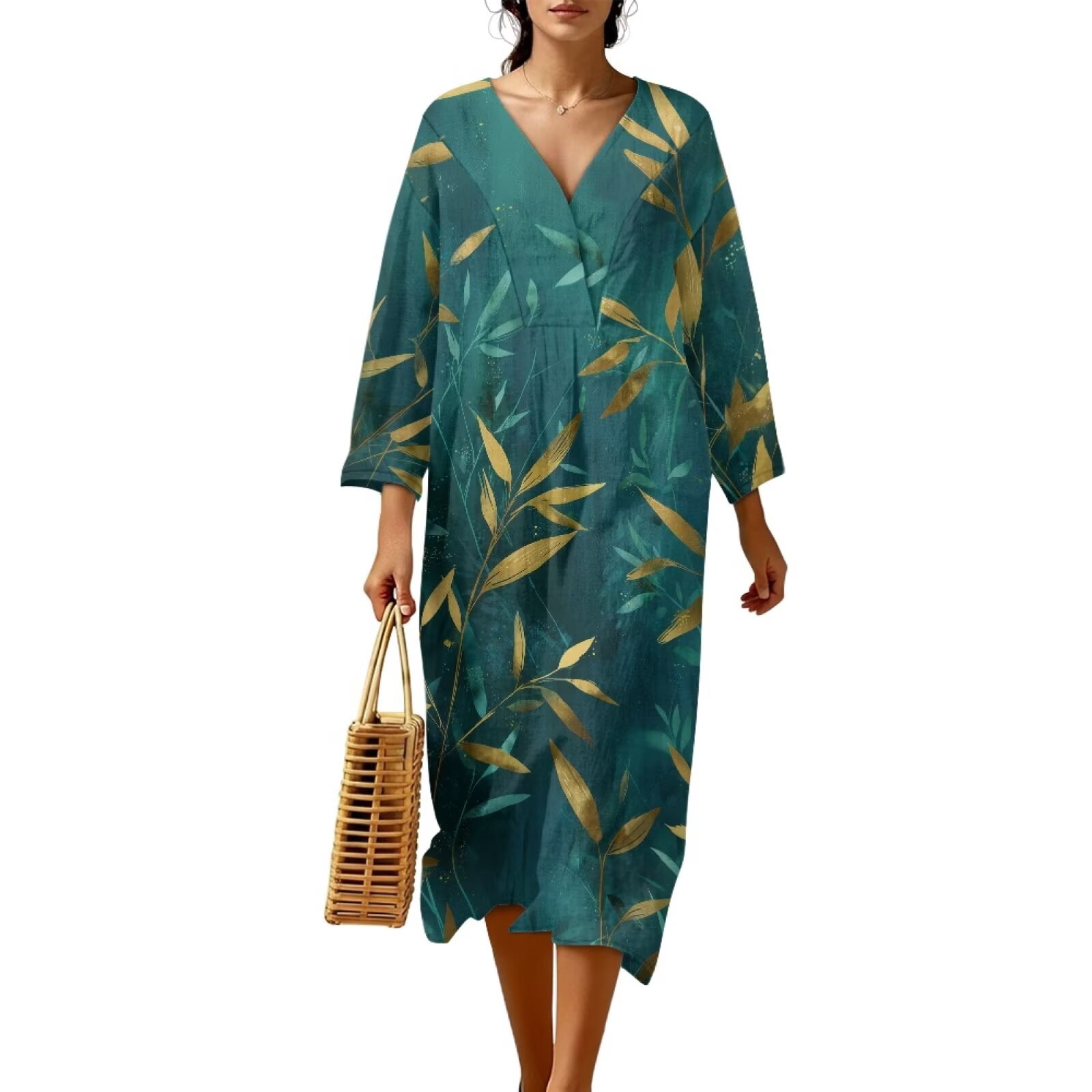 green and gold midi dress Renewold Leaf Print Loose Swing Vintage Casual Dresses Lightweight Trendy Beachwear Linen-Look Polyester Kaftan Dresses for Alise