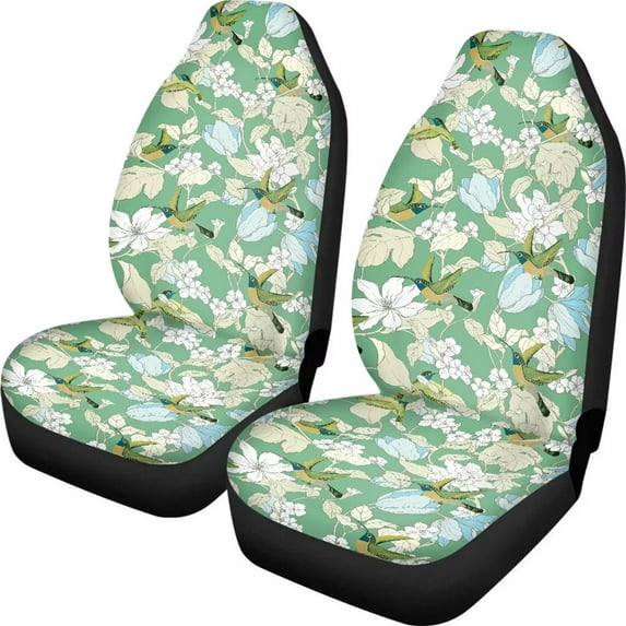 Renewold Green Hummingbird Car Seat Cover White Flower Auto Interior Accessories 2 Pcs Front Seat Cover Elastic Cushion Cover Fit for Auto Truck Van SUV