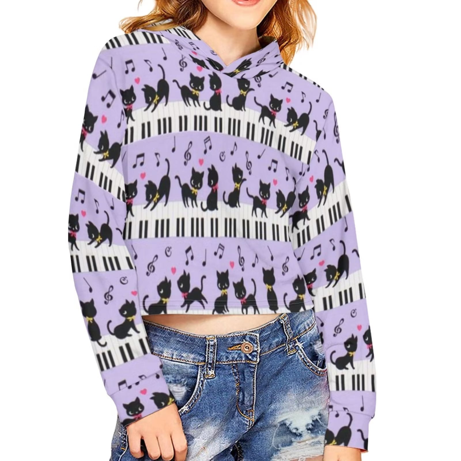 Renewold Green Sweatshirt for 9-10 Years Teen Girls Piano Music Cats Print  Cropped Hoodies Long Sleeve Crop Tops Pullover Sweatshirt Comfortable Soft  Clothes Winter Outdoor Shirt 