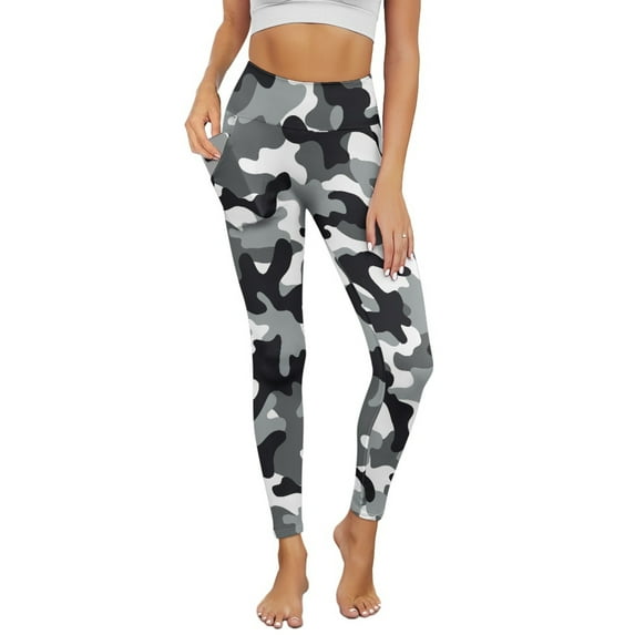 Renewold Grey Black Camo Leggings with Pockets for Women Athletic Tights Compression Leggings High Waisted Butt Lifting Printed Pants Comfy Womens Yoga Leggings, L