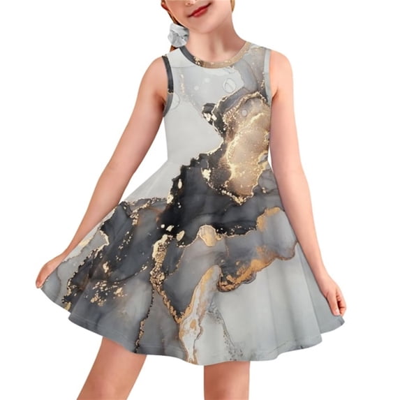 Renewold Grey Marble Stripes Sleeveless Dress for Toddlers Girls Fashion Kids Princess Birthday Outfits Outdoor Vacation Play Skater Twirl Dresses Size 15-16