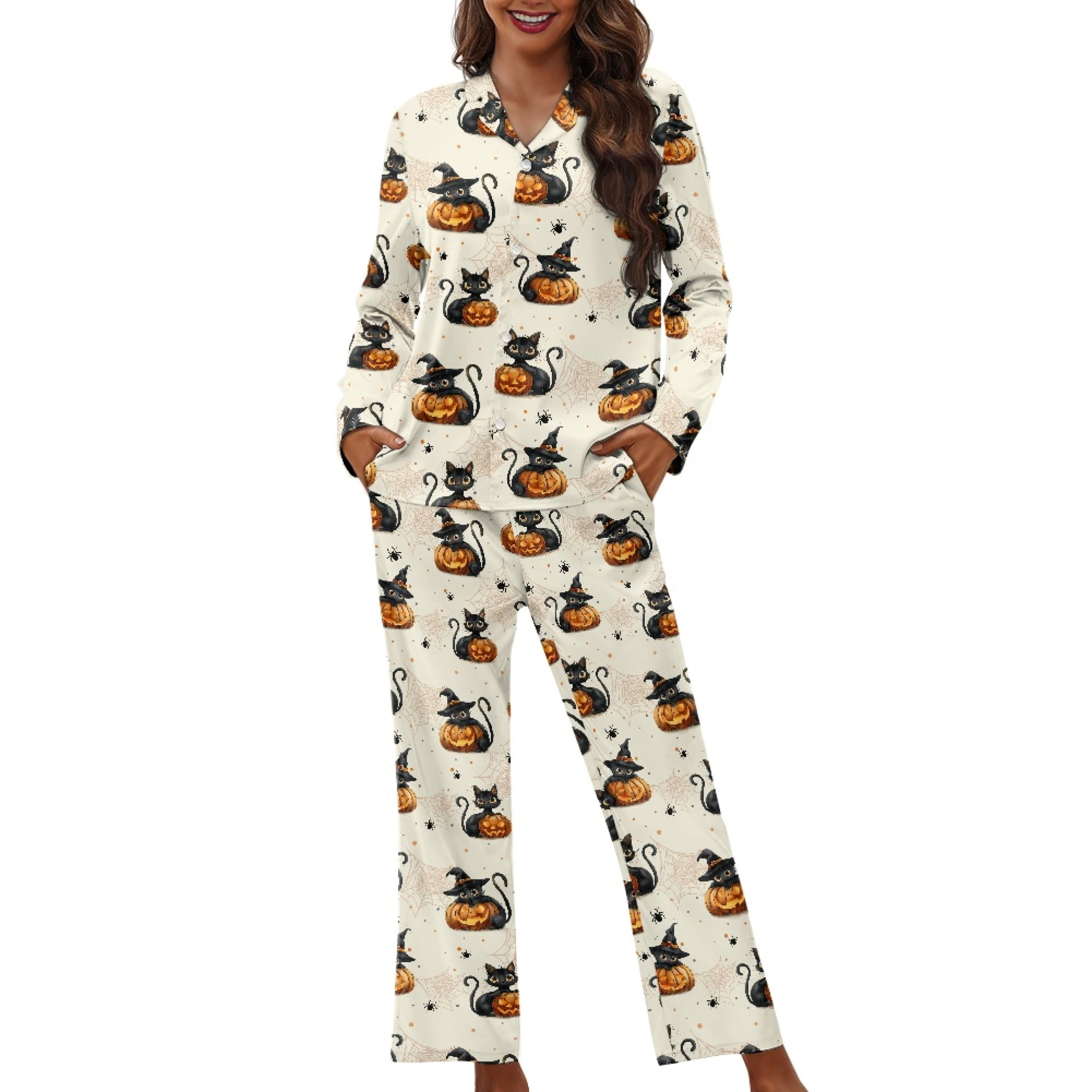 Renewold Halloween Black Cat Pajamas for Women Set Size XS Long
