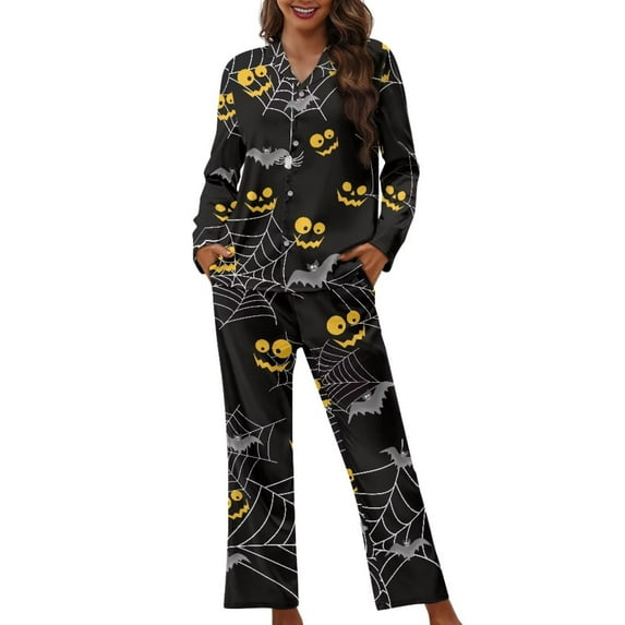 Renewold Halloween Clothing Button Pajama Tops Women Casual Pants with Pockets & Long Sleeve Top Set of 2 Spider Web Bats Skin Friendly Sleepwear Nightwear Size XS