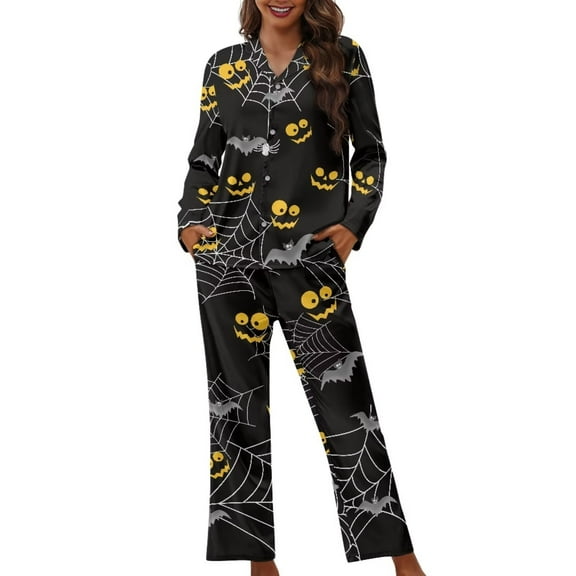 Renewold Halloween Clothing Button Pajama Tops Women Casual Pants with Pockets & Long Sleeve Top Set of 2 Spider Web Bats Skin Friendly Sleepwear Nightwear Size XS