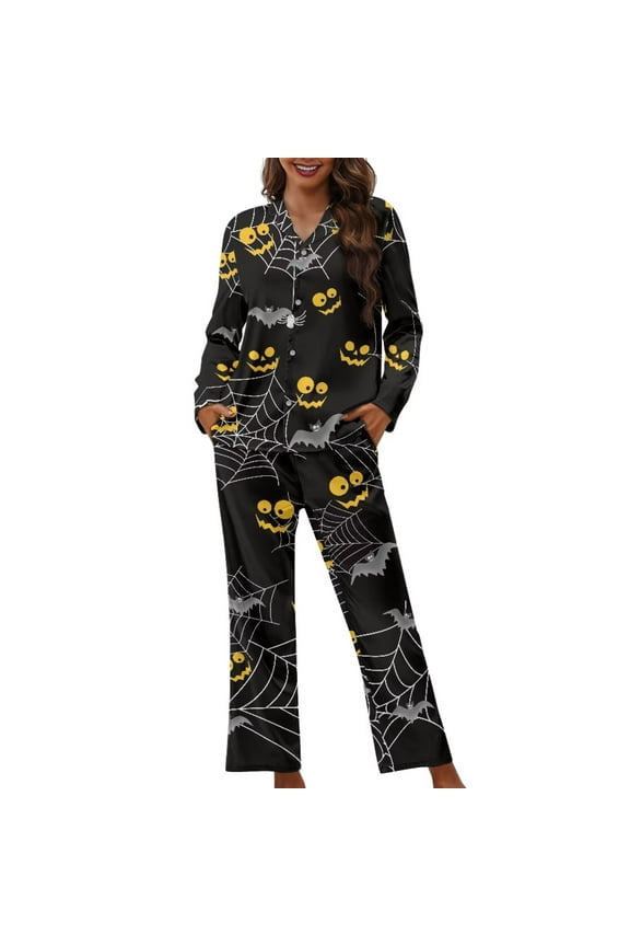 Halloween Clothing Button Pajama Tops Women Casual Pants with Pockets & Long Sleeve Top Set of 2 Spider Web Bats Skin Friendly Sleepwear Nightwear Size XS